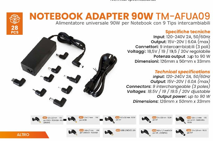 Alimentatore universale 90W per Notebook con 9 Tips intercambiabili