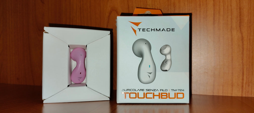 SINGLE HEADPHONE senza filo con box di ricarica e tasti funzione touch