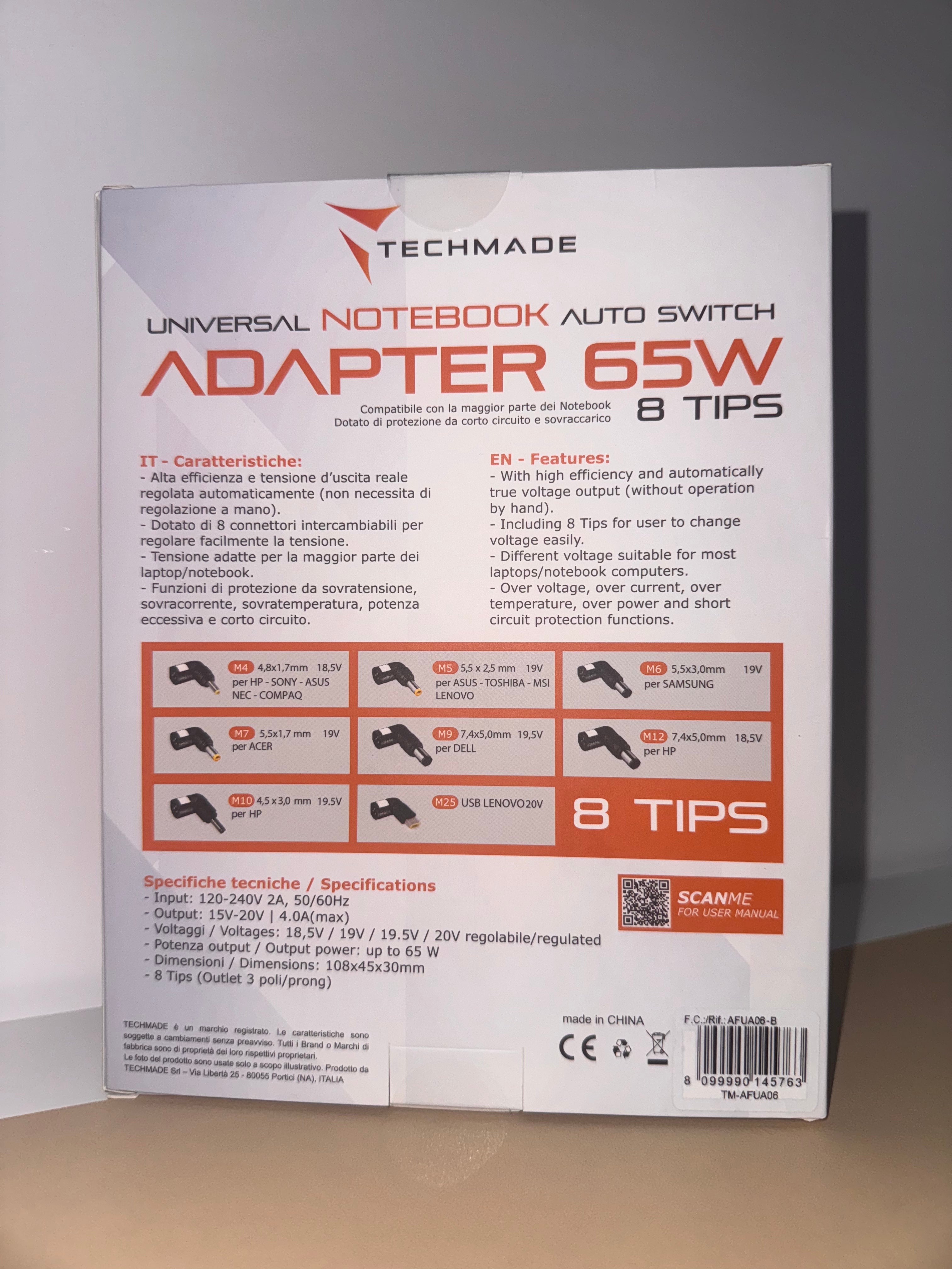 NOTEBOOK ADAPTER 65W Alimentatore universale 65W per Notebook con 8 Tips intercambiabili