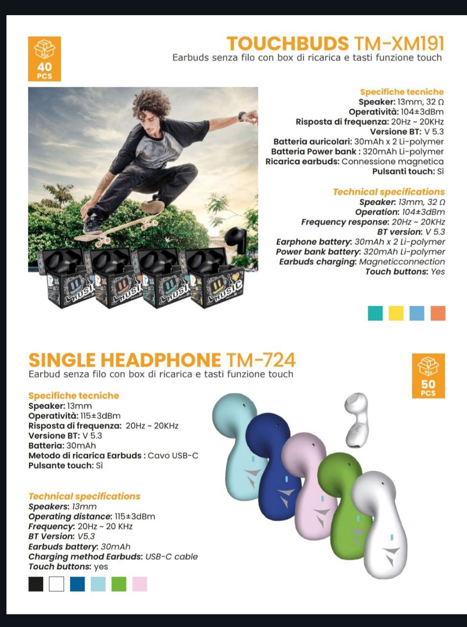 SINGLE HEADPHONE senza filo con box di ricarica e tasti funzione touch