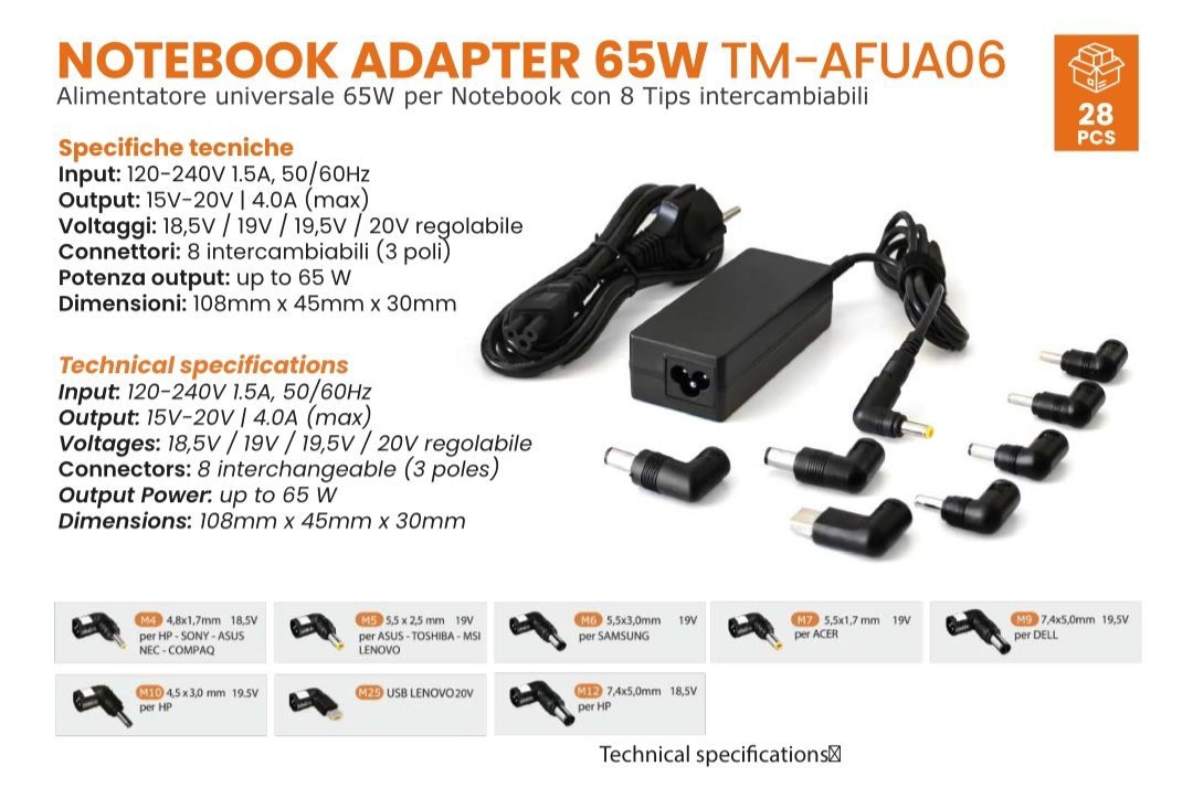 NOTEBOOK ADAPTER 65W Alimentatore universale 65W per Notebook con 8 Tips intercambiabili